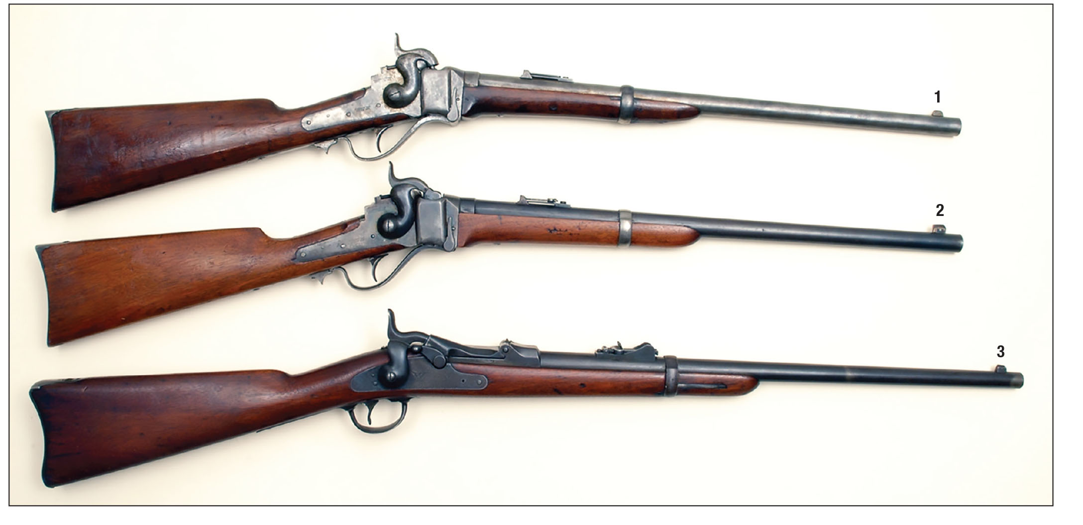 This photo shows the evolution of U.S. Army cavalry carbines: (1) a Model 1863 firing.52-caliber linen cartridges with percussion caps, (2) a Model 1863 to Model 1868, meaning it was converted to fire 50-70 metallic cartridges and (3) a U.S. Model 1873 Springfield trapdoor 45-70 Gov’t, which replaced all other carbines in cavalry service.